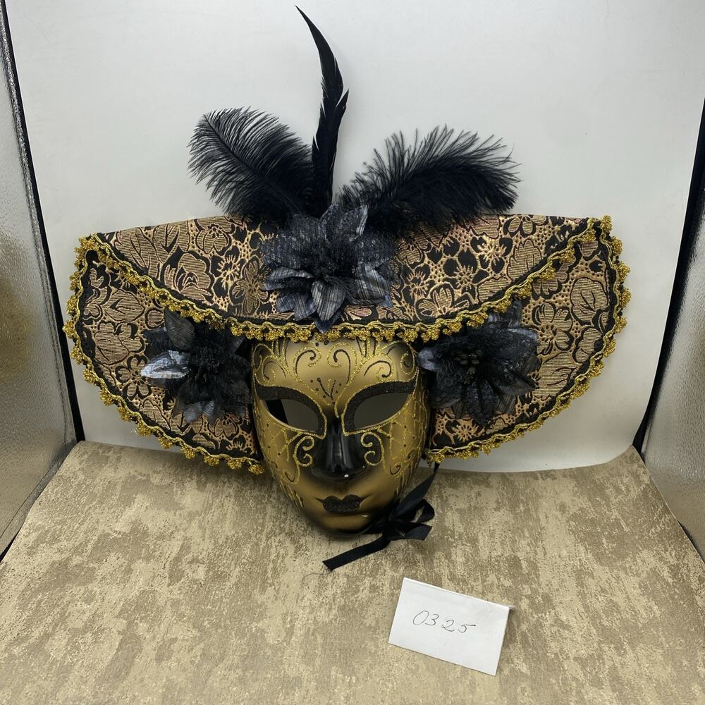Full Size Hand Painted Mask Wall Hanging Gold And Black Glittery 17” Long X 12